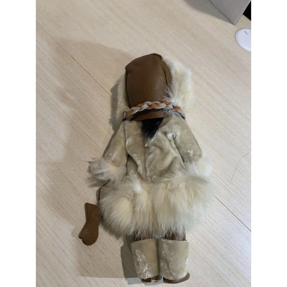 Vintage Eskimo Doll With Blinking eyes, real fur, leather necklace, No tags